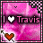 A pink textured background with 'I ❤️ Travis' text, a brown heart-shaped object, and small animated sparkles in various colors.