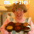 A person holds a tray of muffins under text reading 'MUFFINS!' in various colors across six