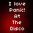 Four identical display white pixelated text on a red gradient background reading "I love Panic! At The Disco" with no visible motion