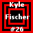 Four identical square display red and black concentric squares with white text reading Kyle Fischer #26, arranged in a