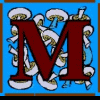 A sequence of animated frames showing a stylized red 'M' transforming into swirling patterns against blue and black backgrounds.
