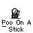 Pixel art character with white face and black body holding brown stick, displayed in with text "Poo On A Stick" beneath each instance