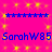Pixelated pink background with yellow starbursts, blue horizontal lines, and repeated text "SarahW85" in blue pixel font.