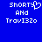 Blue background with white pixelated text reading 'shorty AND Travi3zo' on the left and identical text without a heart symbol on the right.