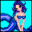 Pixel art mermaid with purple hair and blue tail, standing against cyan background with white and blue dots, text "Believe" in black pixel font.