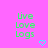 Pixelated green text 'Live Love Logs' on bright pink background with two cyan heart icons, one in center bottom and one at right bottom.