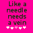 Bright pink background with black pixelated text reading 'Like a needle needs a vein' and five white/pink heart symbols below.