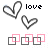 Two side-by-side pixelated heart icons with 'love' text, each showing a color variation in the word and highlighted squares below.