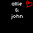 A static pixel art image with white text 'allie & john' on a black background, featuring a red heart symbol replacing the ampersand in one version.