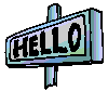 Four pixelated 'HELLO' signs on a gray background, each with distinct text colors and borders.