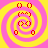 Four identical spiral patterns with yellow and pink concentric rings, red circular dots at top-left and bottom-right corners, and a central infinity symbol.