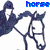 Pixelated blue text 'horse' appears above a rider on horseback, with the rightmost frame showing only the text.