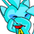Pixelated turquoise cartoon character with blue eyes, red mouth, yellow lower body part, and black facial features on white background.