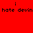 Red background with pixelated text 'i hate devin' repeated in four quadrants, each containing a glowing circular light effect.