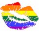 Static pixelated image of a mouth-shaped icon with rainbow stripes representing the LGBTQ+ pride flag colors, displayed on a white background.