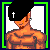 A 4x3 contact sheet of pixelated animated frames showing a muscular cartoon character with black beret and text-based animation elements.