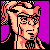 Pixel art portrait of a character with light skin, pink hair tied in a high ponytail, and glasses against a purple background.