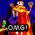 Pixelated character in red and yellow robe with raised hands, three text overlays reading OMG!, It's a, and BLARGH! against blue background.