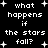 Black background with white pixelated text repeating 'what happens if the stars fall?' surrounded by white plus signs.
