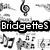 Black-and-white pixelated image with musical notes, a heart symbol, and text overlays including "BridgetteS," "Is," and "Hyper" over abstract backgrounds.