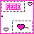 Animated contact sheet of 16 frames showing a pink and white pixel art icon with "FOBE" text, hearts, and dotted borders in various states of animation.
