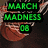 A basketball hoop with a net and a basketball in mid-air, featuring green text reading "MARCH MADNESS 08" and blue text reading "NCAA BASKETBALL" on a dark background.
