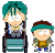 Two pixelated characters with teal hair: one seated in a chair, the other standing beside it.