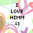 Pixelated text reads 'I LOVE HIMM =]' over a pastel-colored abstract background with blurred floral shapes.