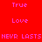 Red background with pink pixelated text reading True, Love, and NEVR LASTS repeated across four sections.
