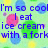 Pixelated image with blue text reading "I'm so cool I eat ice cream with a fork" over pastel green and yellow background, featuring pink and blue circular shapes.