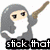Pixelated character with gray hair and white mask holding a stick, pink cloud-shaped text bubble with flowers and "and...", blue background with yellow dots, brown boxy figure with smile.
