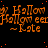 Animated orange text repeating 'Hallow eer' and '~Kste' on black background with scattered red dots, transitioning from full to partial visibility.