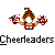Pixelated cheerleader icon with brown hair in a high ponytail, red and white outfit, holding black-and-white checkered pom-poms against gray background.