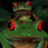 Green frog with red eyes and a small frog on its head, next to text reading "Corrie's Frogs" on green background.