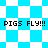 Pixelated blue and white checkered background with repeated 'PIGS FLY!!!' text in black block letters across four sections.