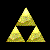 Animated sequence of golden triangular shapes reducing from full triangle to scattered fragments against black background.
