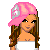 Pixel art of a woman with long brown hair wearing a pink cap and white top, with a blue-capped version and a white-and-blue top version in adjacent