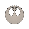 A circular icon with two wing-like cutouts and a central tree-like symbol, shown in multiple grayscale variations including light beige, medium gray, dark gray, and black.