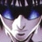Pixelated close-up of a character's face with large blue eyes and a white nose, set against a dark background with light vertical elements.