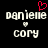 Pixelated text displays 'danielle' above a small heart symbol and 'cory' below, with a red heart symbol above 'danielle' on the left side.