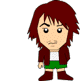 Two pixelated cartoon figures with brown hair and green shorts stand side-by-side against a gray background, one pointing right while red Japanese text appears between them.