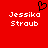Red background with white pixelated text "Jessika Straub" on both sides and a black pixelated heart symbol above the left text.
