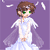 Pixelated character with brown hair and green eyes wears white dress with translucent veil, wings extend from back as white fragments float around.