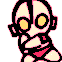 Pixelated cartoon character with large yellow eyes and black outlines, wearing red shorts, shown in three poses against a gray background.