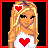 Pixel art contact sheet showing six frames of an animated buddy icon featuring a blonde character with heart motifs and text elements.