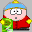 Pixelated character in red coat and blue hat with yellow accents, holding green object, displaying multiple facial expressions