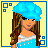 Animated contact sheet of a pixel art doll icon with blue outfit and text variations, showing character frames and shop logo frames on yellow background.