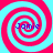 Four identical spiral patterns with alternating cyan and magenta rings, each containing the text 'Jamie' in blue pixelated font on a solid cyan background.