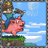 Pixel art of a character riding a pink pig, aiming a crossbow against a blue sky with clouds and jellyfish-like shapes.