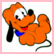 Pixelated orange cartoon dog with black ears and nose, blue bow tie, red mouth area, white eyes with black pupils, green tail, on white background with pink border.